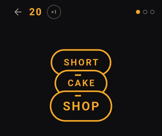 CHAINED free play: three words, SHORT, CAKE and SHOP, linked in a stack, with a score of 20 at the top.